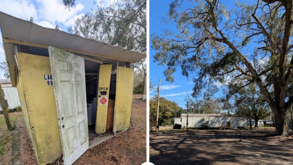 Before and after a shed removal in Tampa Bay, showing the cleared property.