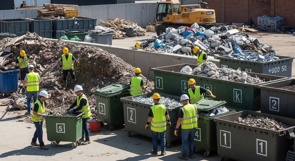 A team of workers on a construction site, loading sorted debris into different bins.