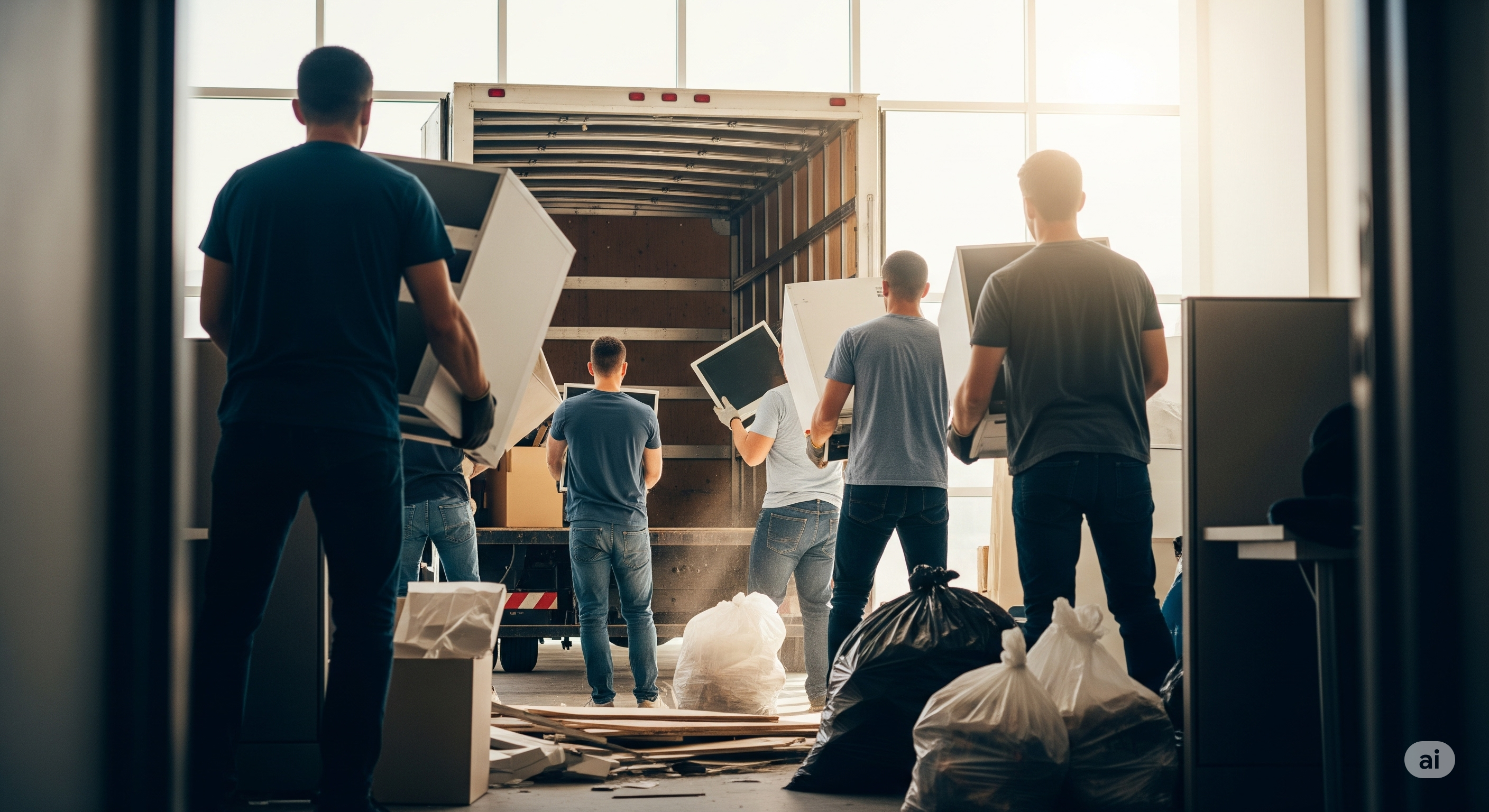 A team of workers, viewed from behind, loading a truck during a large-scale commercial debris removal and office cleanout project Tampa Bay Brandon