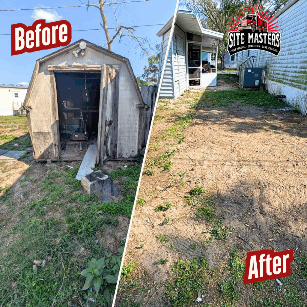 Before and after image of professional shed removal and property cleanup in Tampa, showing complete demolition and hauling services. Ideal for homeowners needing junk removal or a hoarder clean out near Brandon.