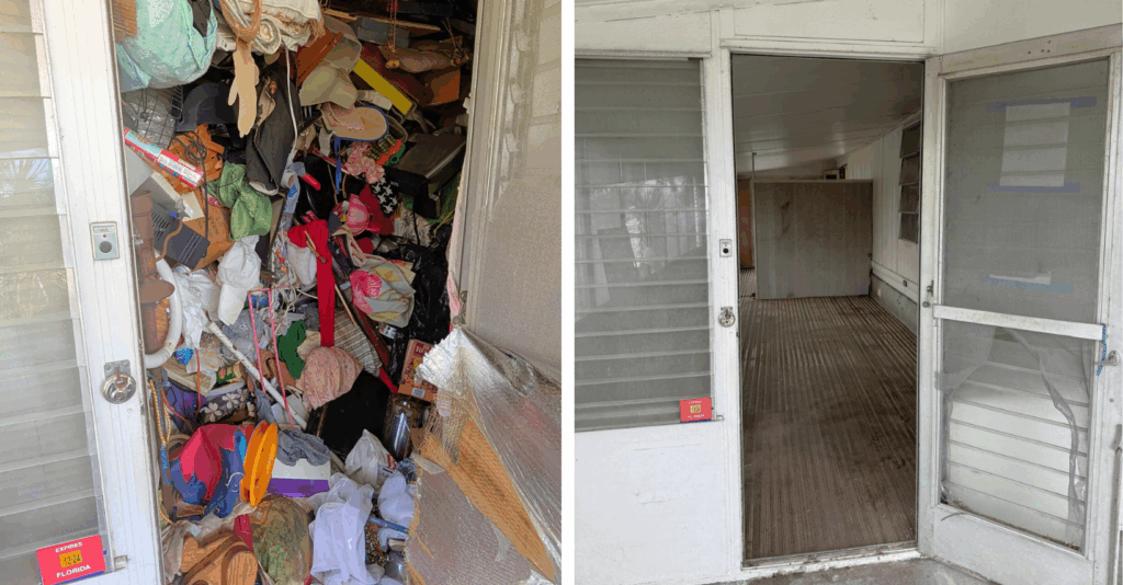 A before-and-after shot of a floor to ceiling hoarded apartment cleanout The Site Masters completed within 2 days leaving the site spotless