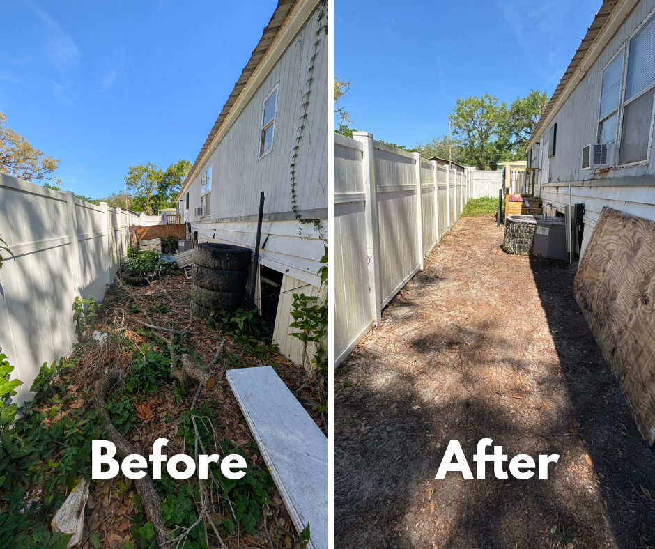 Before and after comparison showing a yard cleared of overgrown vegetation, fallen branches, and miscellaneous debris after professional yard cleanup services tampa bay