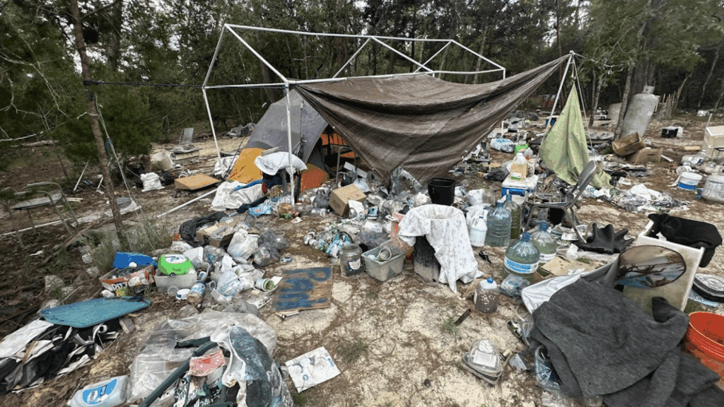 Professional junk haulers in Tampa Bay conducting a homeless encampment cleanup, removing trash and debris from the site.
