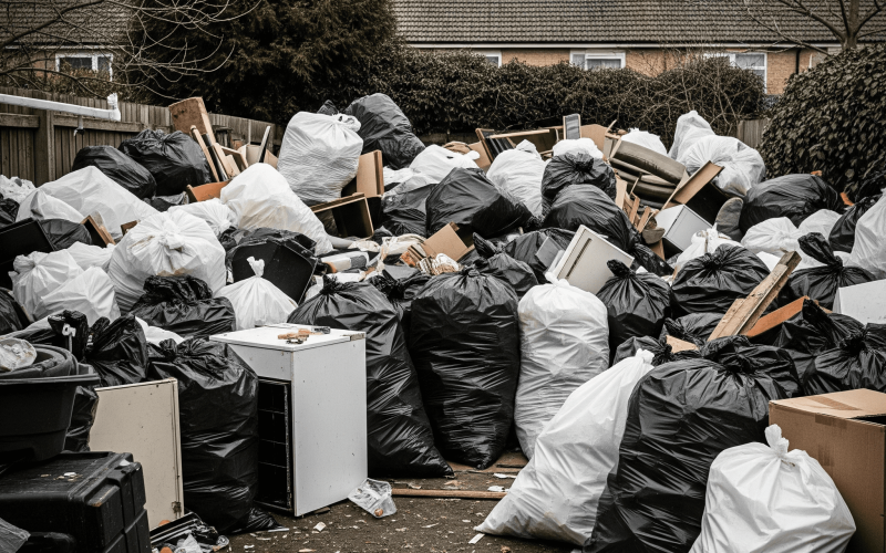 A wide-angle view of a severely cluttered backyard, filled with overflowing trash bags, discarded furniture, and various debris, clearly depicting a hoarded property in need of professional junk removal services. This image is optimized for search engines to rank for terms like "junk removal," "hoarder cleanout," and "trash hauling.