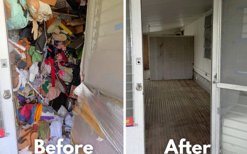 Before and after view of a hoarder cleanout in Tampa Bay area, showing a cluttered room transformed into a clean, empty space.