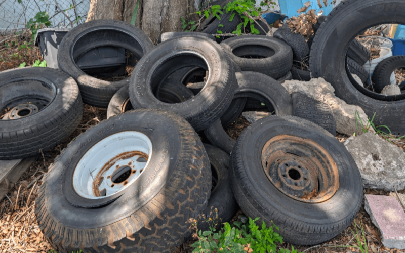 Illegal Dumping in Tampa Bay results in a large pile of old tires that requires professional junk disposal and haul-away services.