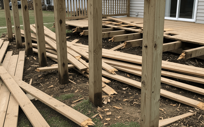 A residential backyard in Tampa Bay after a deck demolition, with wood debris ready for cleanup and removal.