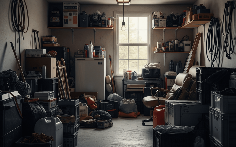 A Tampa Bay garage overfilled with boxes, furniture, and junk, in need of a professional garage cleanout and hauling service.