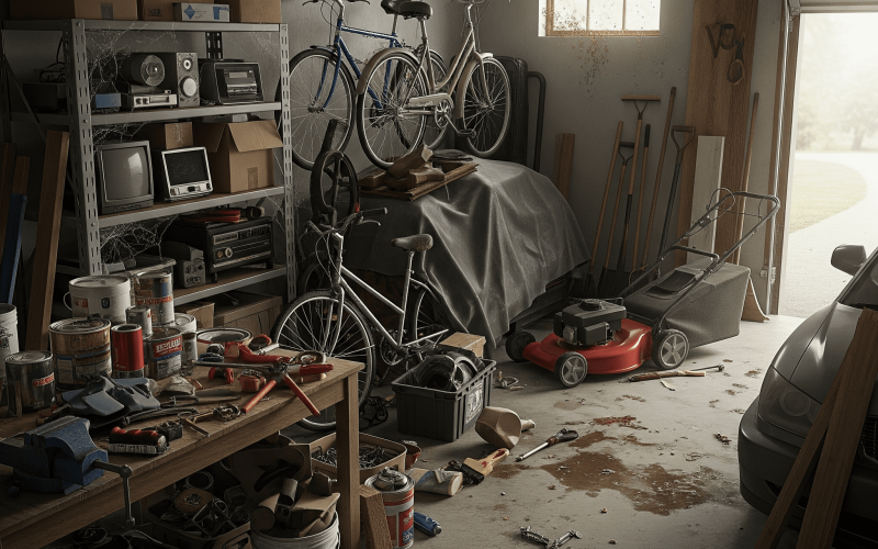A cluttered residential garage in Tampa filled with junk, tools, and boxes before a professional garage cleanout service.
