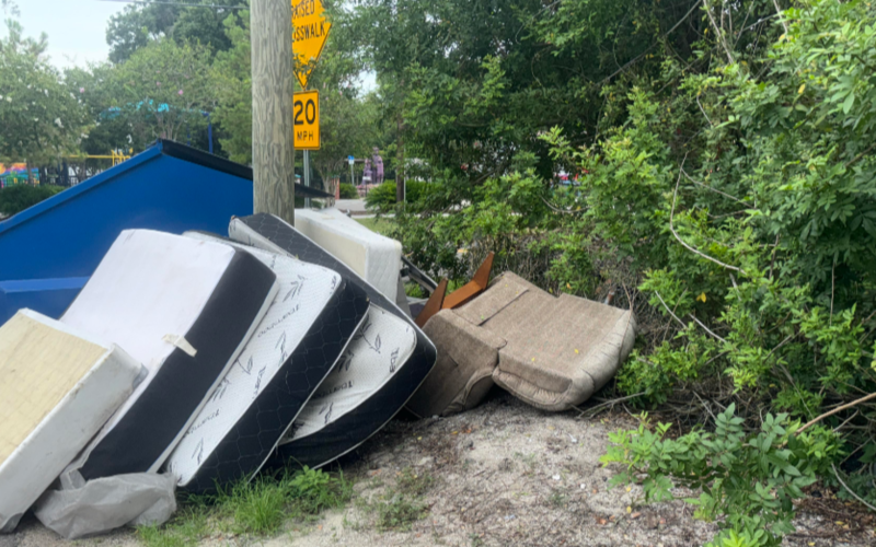 A pile of illegally dumped mattresses and furniture on a roadside in Tampa awaiting cleanup and proper junk disposal.